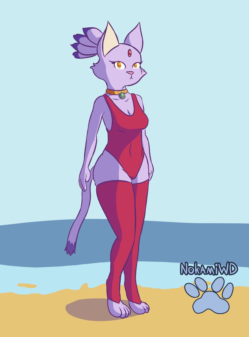 amber_eyes anthro beach breasts clothed clothing female fur looking_at_viewer one-piece_swimsuit purple_body purple_fur seaside simple_background sol_emerald solo swimwear water nokamiwd sega sonic_the_hedgehog_(series) blaze_the_cat domestic_cat felid feline felis mammal absurd_res digital_media_(artwork) hi_res