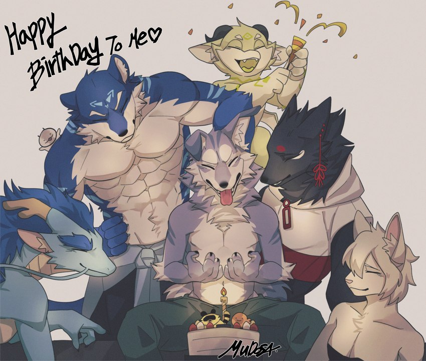 abs anthro barbel_(anatomy) birthday birthday_cake blue_body blue_fur cake candle clothed clothing countershade_face countershade_fur countershade_torso countershading dessert eyes_closed flesh_whiskers food fur group horn inner_ear_fluff male muscular muscular_anthro muscular_male open_mouth open_smile pecs smile text tongue tongue_out topless topless_anthro topless_male tuft mudosa_3_1 asian_mythology east_asian_mythology mythology canid canine dragon eastern_dragon mammal mythological_creature mythological_scalie scalie absurd_res english_text hi_res