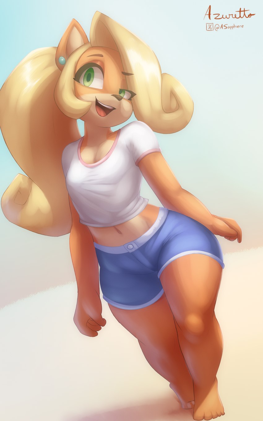 anthro blonde_hair bottomwear breasts clothed clothing feet female green_eyes hair midriff navel open_mouth shirt shorts simple_background small_breasts smile solo thick_thighs topwear wide_hips azuretto activision crash_bandicoot_(series) coco_bandicoot bandicoot mammal marsupial 5:8 absurd_res hi_res