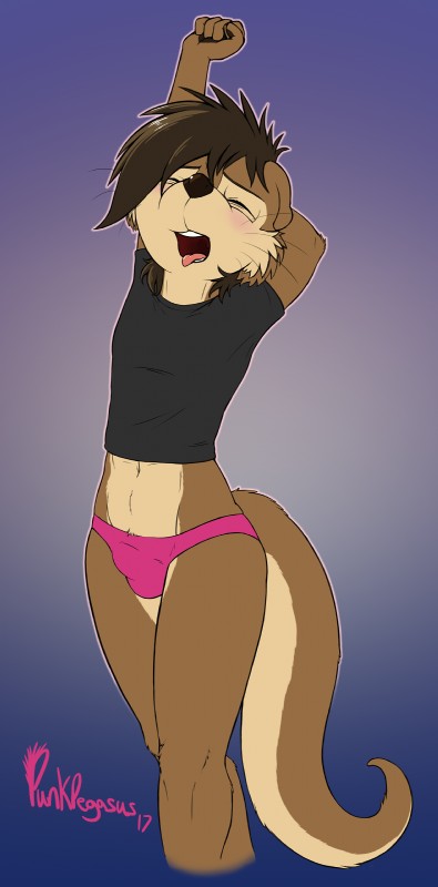 blush brown_body brown_fur brown_hair bulge clothed clothing crossdressing eyes_closed femboy fur hair male midriff multicolored_body multicolored_fur navel open_mouth panties simple_background solo stretching tongue tongue_out two_tone_body two_tone_fur underwear whiskers yawn punkpega ozzy_otter mammal mustelid otter 2017 absurd_res hi_res