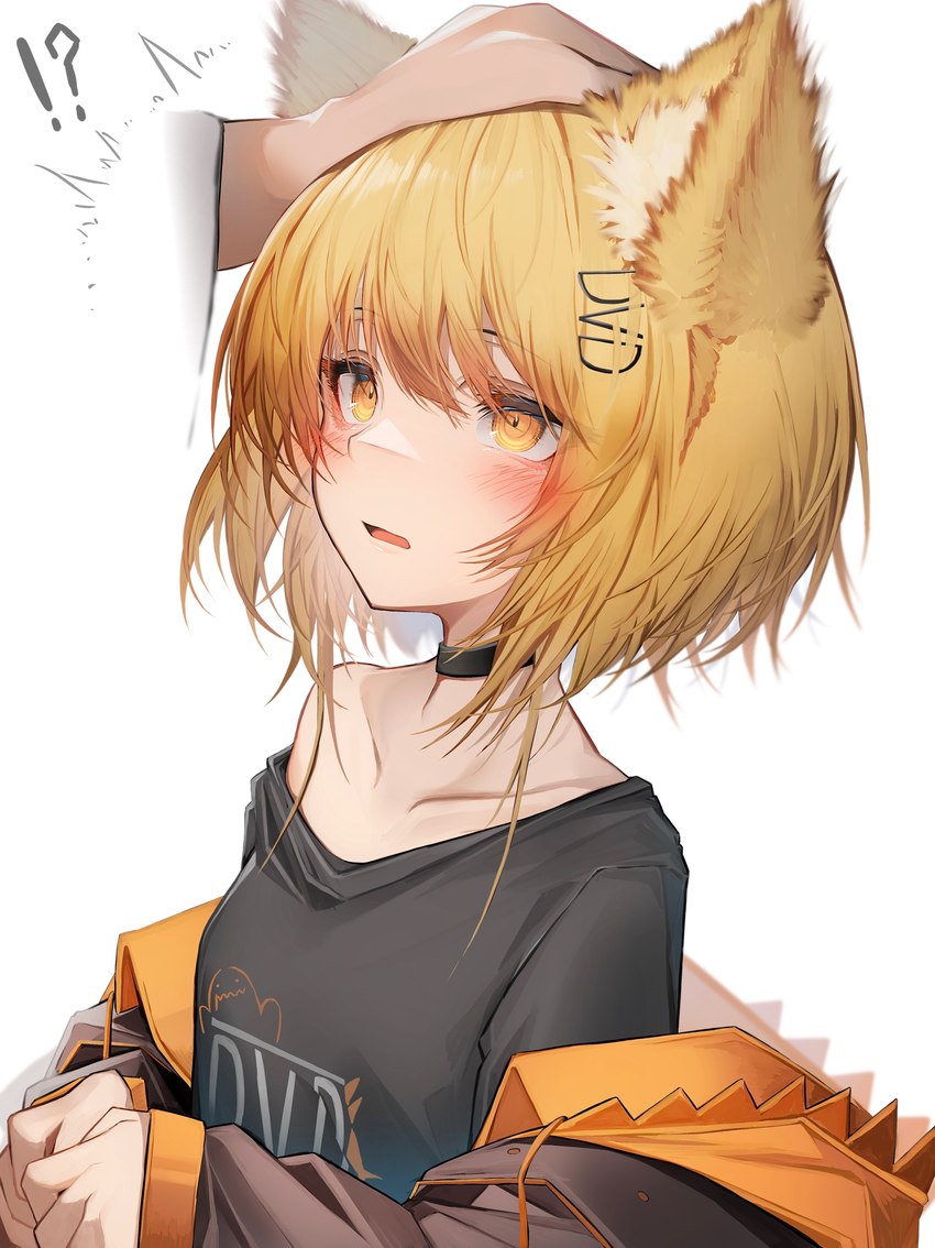 blonde_hair blush breasts choker clothed clothing disembodied_hand duo female female_focus female_humanoid fluffy fur hair headpat humanoid_focus jewelry necklace petting small_breasts solo_focus streetwear yellow_body yellow_eyes yellow_fur tabhead arknights hypergryph studio_montagne vermeil_(arknights) animal_humanoid canid canid_humanoid canine canine_humanoid fox_humanoid humanoid mammal mammal_humanoid 2022 absurd_res digital_media_(artwork) hi_res