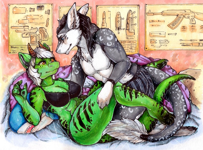 barefoot bed big_breasts breasts claws clothing duo ear_piercing facial_horn feet female fur furniture green_body green_scales horn male painting piercing scales tail toe_claws toes toy underwear weapon blue_formalin ikea mythology blahaj davian_tul diana_digma dragon mythological_creature mythological_scalie scalie sergal absurd_res hi_res