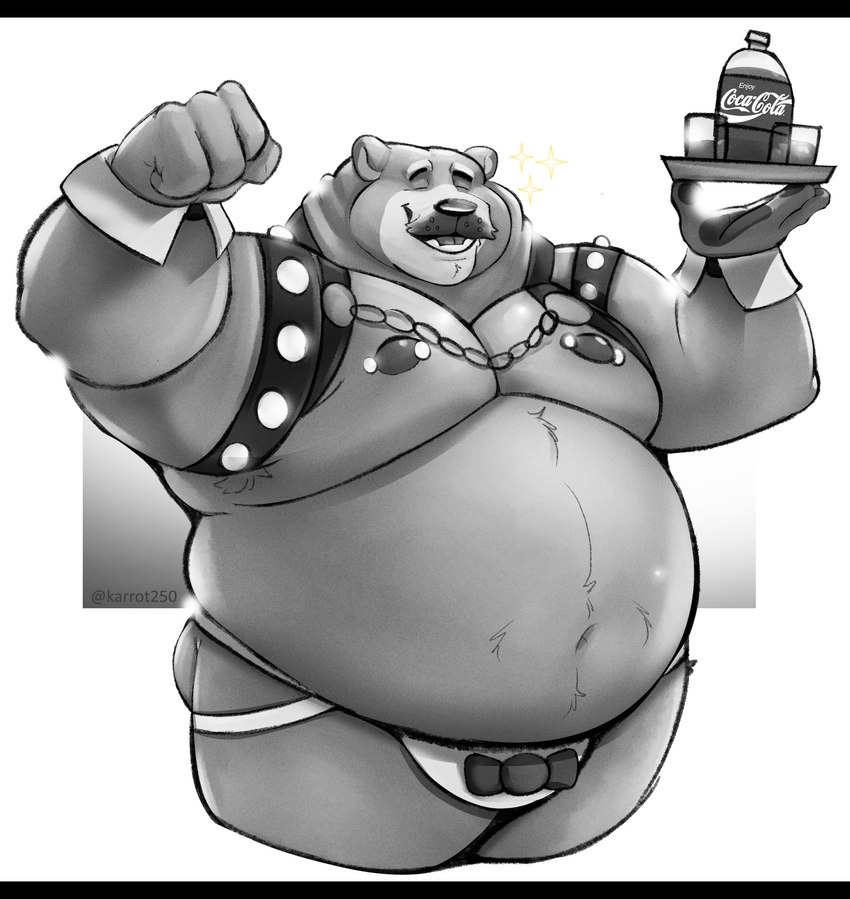 anthro belly beverage bow_jockstrap bow_tie bow_underwear bulge chain chain_accessory chubby_cheeks clothed clothing cuffs_(clothing) facial_hair flexing harness holding_platter leather leather_harness love_handles male mature_male moobs mustache neck_rolls nipple_piercing nipples overweight overweight_anthro overweight_male piercing platter raised_arms skimpy smile soda solo stocky karrot250 coca-cola clover_(bearlemon) american_black_bear bear black_bear mammal ursine 2024 absurd_res hi_res letterbox monochrome