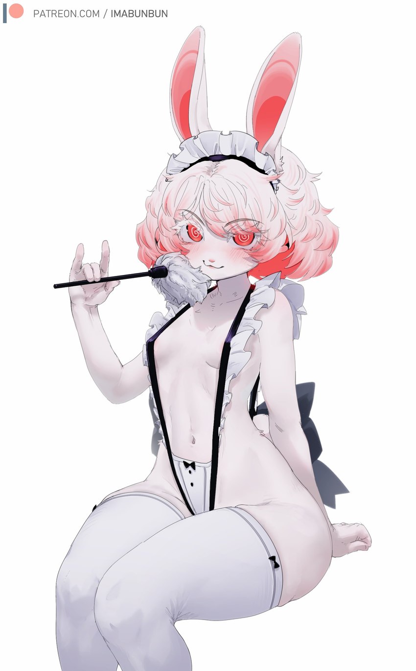 anthro areola bikini clothed clothing female hair legwear maid_uniform one-piece_swimsuit pink_hair sitting sling_bikini solo swimwear text thigh_highs two-piece_swimsuit uniform imabunbun meme_clothing yuio_maid_dress ima_(imabunbun) lagomorph leporid mammal rabbit absurd_res hi_res meme url