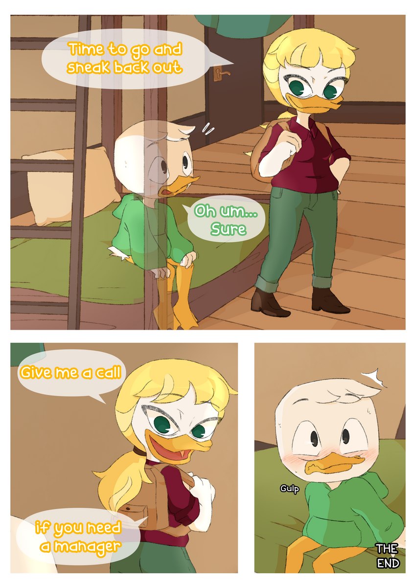 bed bedroom dialogue furniture threek disney ducktales ducktales_(2017) goldie_o'gilt louie_duck anatid anseriform avian bird duck absurd_res comic hi_res