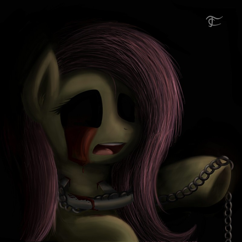 black_eyes blood bodily_fluids chain collar female feral fur hair nightmare_fuel open_mouth pink_hair solo tongue yellow_body yellow_fur thunderchaser amnesia:_justine amnesia:_the_dark_descent friendship_is_magic hasbro my_little_pony fluttershy_(mlp) equid equine horse mammal pony 1:1 2014 crossover