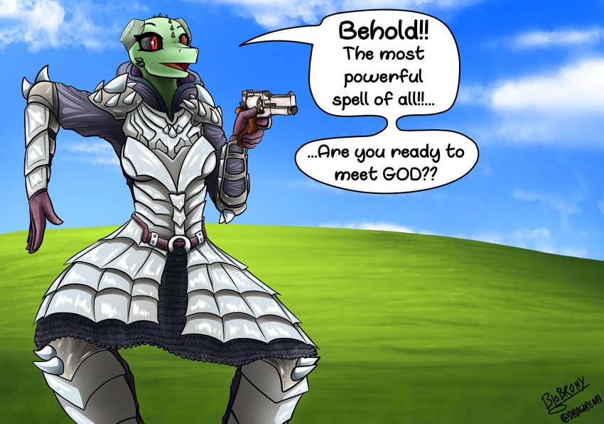 arm_spikes armor clothed clothing dialogue gun humor outside pose ranged_weapon shoulder_spikes solo spikes spikes_(anatomy) text threatening weapon biobrony bliss_(image) microsoft microsoft_windows the_elder_scrolls windows_xp meer-mah argonian scalie absurd_res english_text hi_res meme