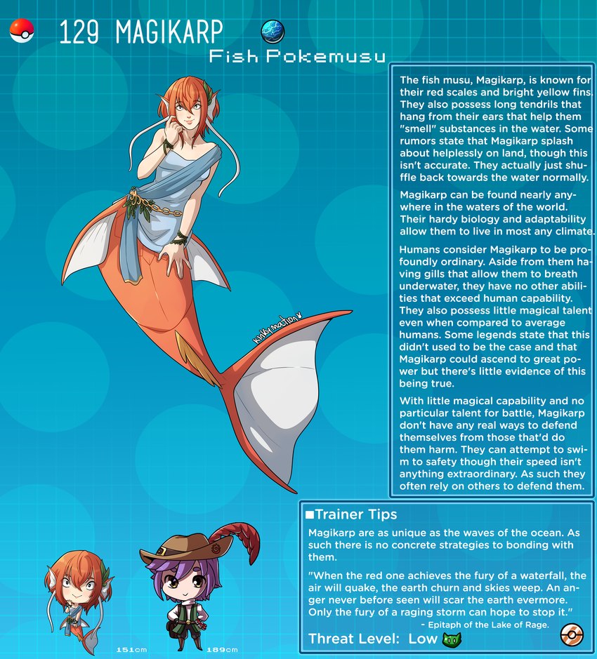 breasts chibi clothed clothing female fin hair head_fin male orange_hair pokemorph split_form text kinkymation nintendo pokemon generation_1_pokemon human humanoid magikarp mammal marine merfolk pokemon_(species) english_text hi_res