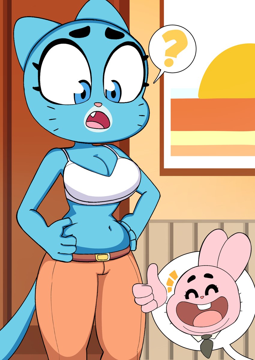 anthro belly belly_pinch belly_squish bottomwear bra breasts cleavage clothed clothing duo female gesture hand_gesture male midriff navel open_mouth open_smile pants pinch question_mark smile squish thumbs_up underwear onibi cartoon_network the_amazing_world_of_gumball nicole_watterson richard_watterson domestic_cat felid feline felis lagomorph leporid mammal rabbit absurd_res hi_res