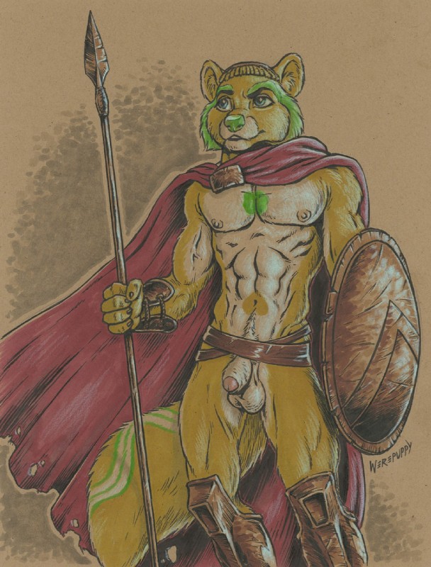 abs anthro athletic balls biceps body_hair bulge flaccid foreskin fur genitals green_body green_fur happy_trail holding_object holding_weapon male melee_weapon muscular muscular_anthro nipples pecs penis polearm shield simple_background solo spartan_armor_(roman) spear vein warrior weapon werepuppy 300_(film) spartan_(roman) zigzagg mammal procyonid raccoon hi_res traditional_media_(artwork)