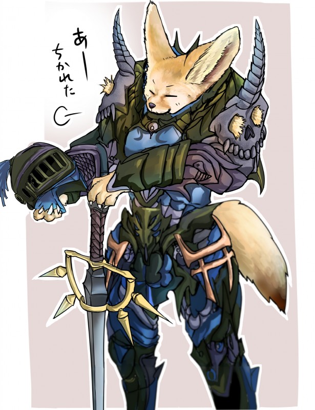 ambiguous_gender anthro armor eyes_closed melee_weapon smile solo sword weapon doitsuken canid canine fennec_fox fox mammal true_fox absurd_res hi_res