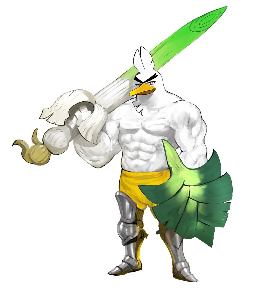 abs anthro armor beak biceps clothing eyebrows feather_tuft feathers food head_tuft holding_object leek legwear looking_at_viewer male muscular muscular_anthro muscular_male onion pecs plant simple_background solo standing tuft vegetable white_background white_body white_feathers yellow_beak kekai_kotaki nintendo pokemon avian bird generation_8_pokemon pokemon_(species) sirfetch'd 2019 full-length_portrait hi_res portrait