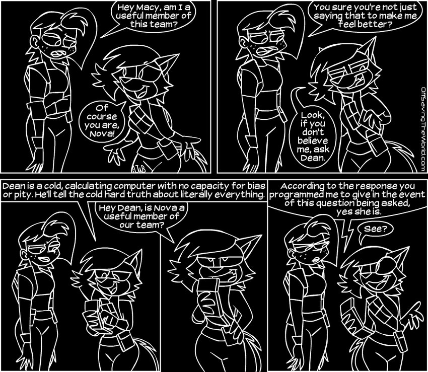 anthro artificial_intelligence bottomwear clothing dialogue eye_contact female fluffy fluffy_tail group hair humor looking_at_another pants shirt shorts simple_background speech_bubble tail text topwear trio animatedjames d.e.a.n. macy nova_(animatedjames) canid canine fox human mammal archived_source black_and_white comic english_text monochrome