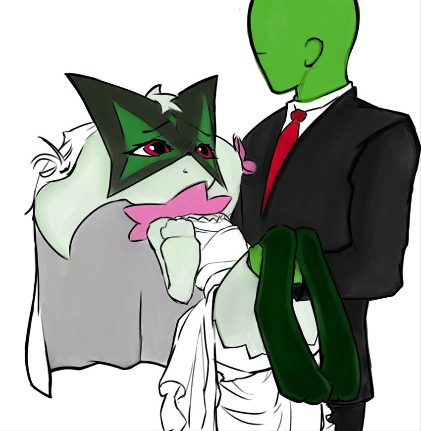 anthro black_tie_(suit) blush bridal_carry carrying_another clothing dress duo female female_on_human human_on_anthro interspecies male male/female married_couple suit wedding wedding_dress noconcession nintendo pokemon anon generation_9_pokemon human mammal meowscarada pokemon_(species) absurd_res hi_res