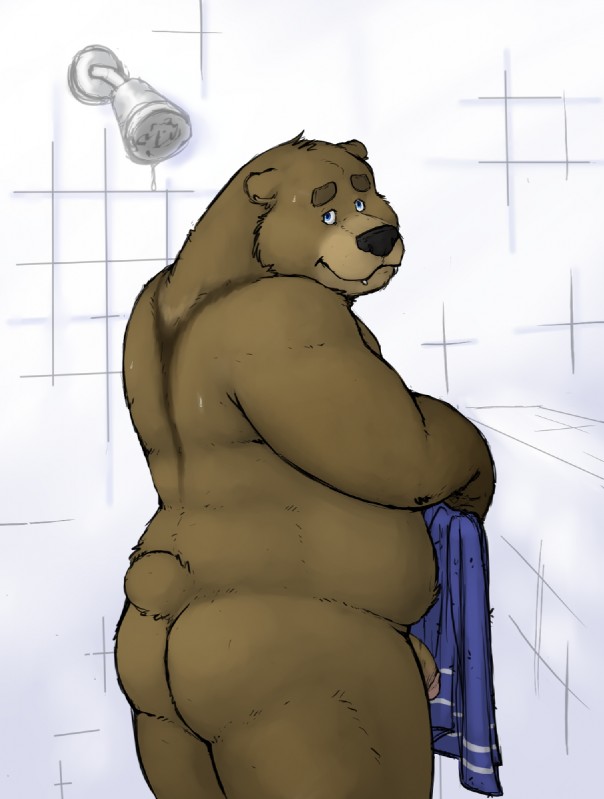 anthro black_nose blue_eyes butt eyebrows flaccid genitals looking_at_viewer male overweight overweight_anthro overweight_male penis piercing shower shower_head slightly_chubby solo teeth towel kronexfire bear brown_bear grizzly_bear mammal ursine hi_res