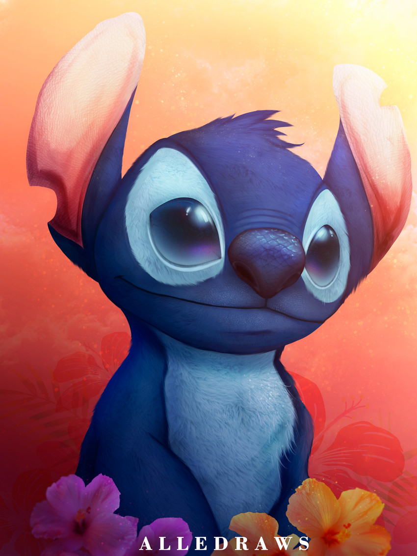 blue_body blue_fur blue_nose feral flower fur head_tuft hibiscus male no_sclera notched_ear orange_flower pink_inner_ear plant purple_flower realistic red_background semi-anthro simple_background smile solo text tuft alledraws disney lilo_and_stitch stitch_(lilo_and_stitch) alien experiment_(lilo_and_stitch) 2020 absurd_res hi_res male_(lore)