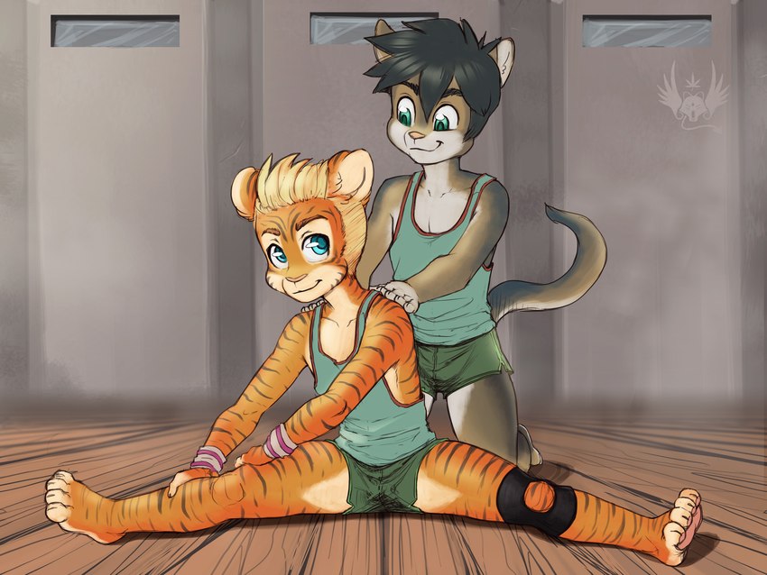 4_toes anthro barefoot bottomwear clothing duo feet male shirt shorts stretching tank_top toes topwear young young_anthro young_male eldiman dyson_(eldiman) domestic_cat felid feline felis mammal pantherine tiger 4:3 hi_res