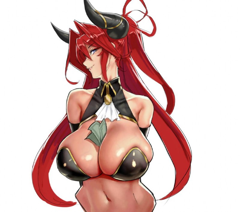 between_breasts big_breasts breasts clothed clothing female hair horn money not_furry object_between_breasts red_hair solo stripper eu03 horned_humanoid humanoid