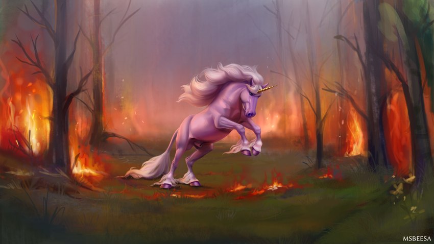 animal_genitalia detailed_background feathering feral fire forest forest_background forest_fire fully_sheathed fur genitals hooves horn jumping male male_feral nature nature_background plant quadruped sheath solo tree unguligrade beesa mythology equid equine mammal mythological_creature mythological_equine unicorn absurd_res hi_res