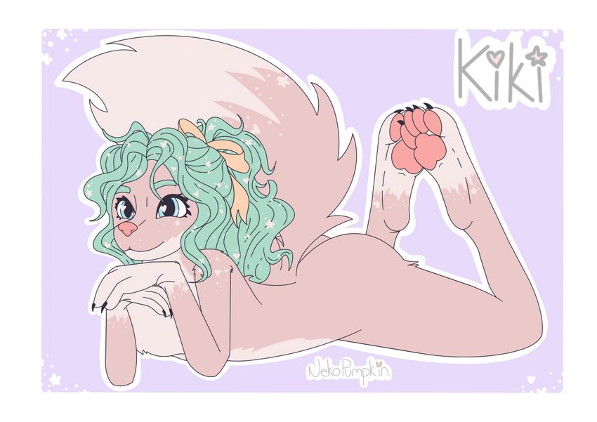 anthro blue_eyes butt feet female fluffy fluffy_tail fur green_hair hair hair_up looking_forward lying messy_hair nude on_front pawpads pink_body pink_fur pink_nose ponytail simple_background smile solo sparkles sparkling_eyes sprinkles tail toes nekopumpkin kiki_(nekopumpkin) canid canine fox mammal recolor_(disambiguation) absurd_res hi_res