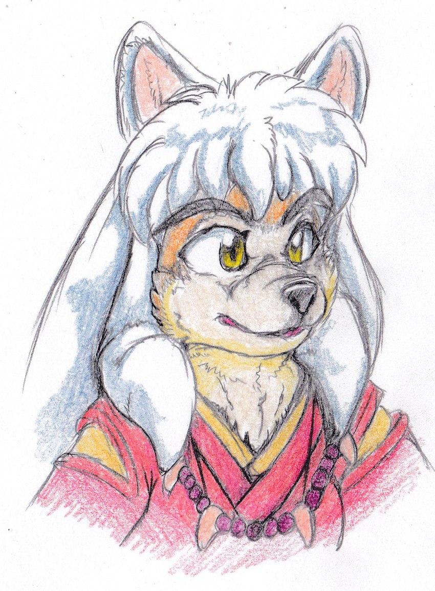 anthro anthrofied asian_clothing clothing collar east_asian_clothing hair japanese_clothing kimono male red_clothing red_kimono solo white_hair yellow_eyes kitsune_youkai inuyasha inuyasha_(inuyasha) canid canine canis domestic_dog mammal 2019 hi_res shaded