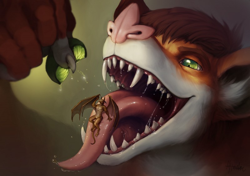 anthro bodily_fluids body_in_mouth brown_hair duo extreme_size_difference food fruit gaping_mouth green_eyes hair lime male male/male membrane_(anatomy) membranous_wings open_mouth oral_vore plant saliva size_difference tail teeth throat tongue tongue_out vore wings h-hawkenstein mythology aerys bronzewing bat dragon mammal mythological_creature mythological_scalie scalie hi_res