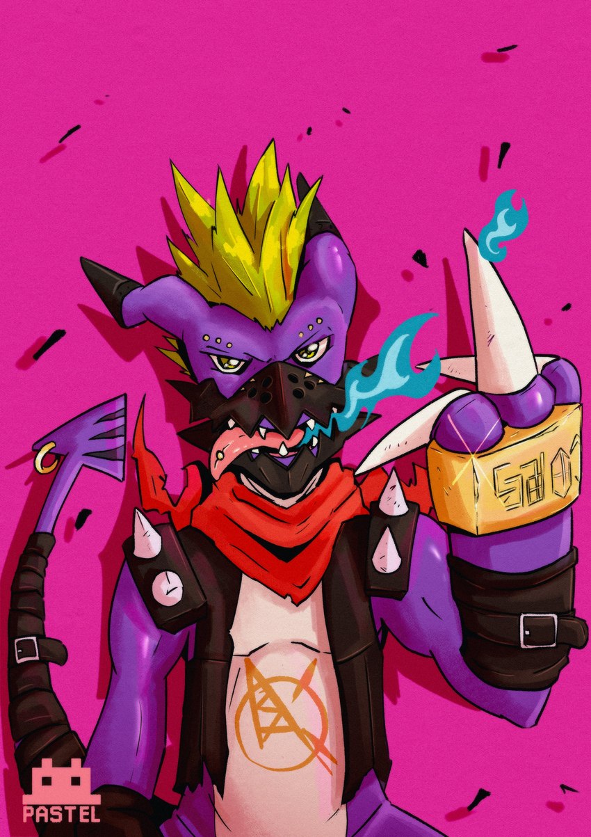 anthro belt claws eyebrow_piercing facial_piercing furgonomics furry-specific_piercing furry_specific_accessory gesture green_eyes green_hair hair hand_gesture kerchief male mask middle_finger neckerchief neckwear piercing purple_body shoulder_pads solo spiked_shoulder_pads spikes tongue tongue_out tongue_piercing pastelmon_art bandai_namco digimon digimon_(species) punkmon scalie absurd_res hi_res