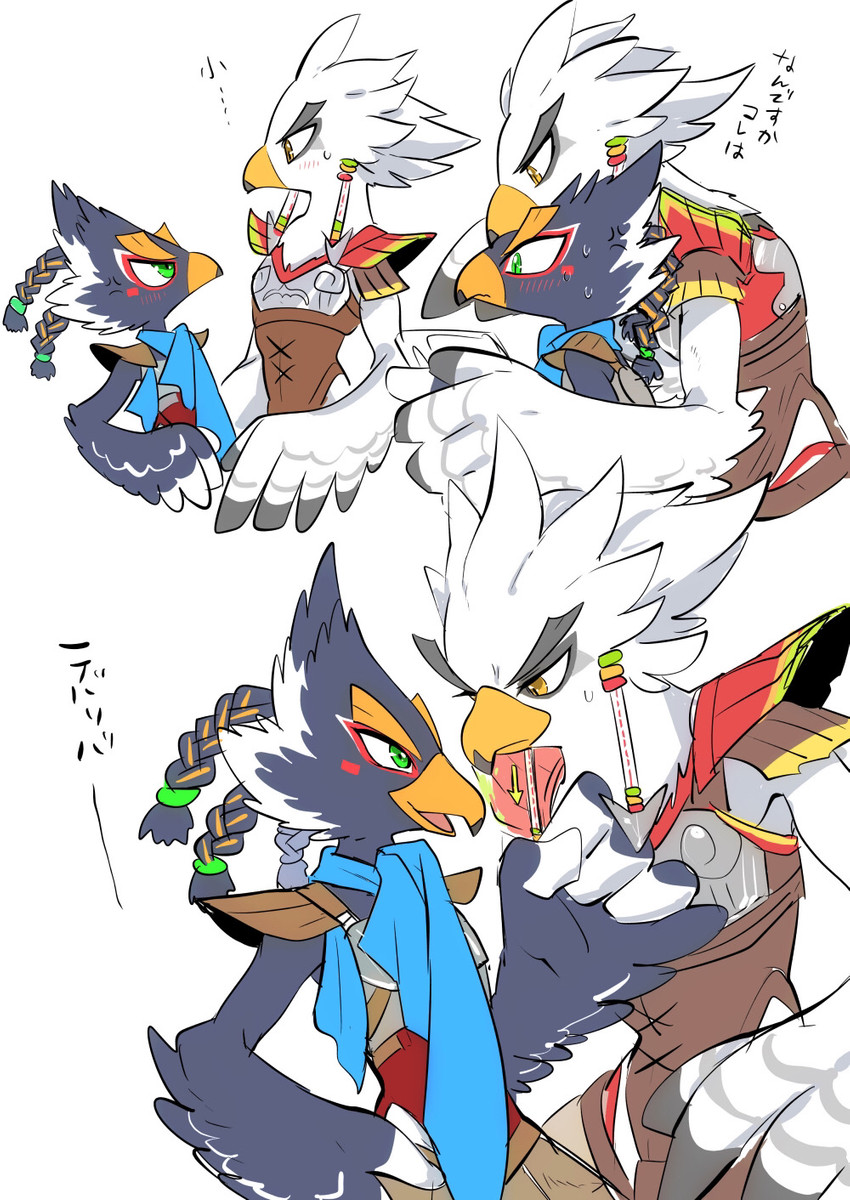 anthro armor beak blue_body blue_feathers blush duo feather_hands feathers hug male male/male scarf text white_body white_feathers winged_arms wings popemadara breath_of_the_wild nintendo the_legend_of_zelda revali teba_(tloz) avian bird rito hi_res japanese_text