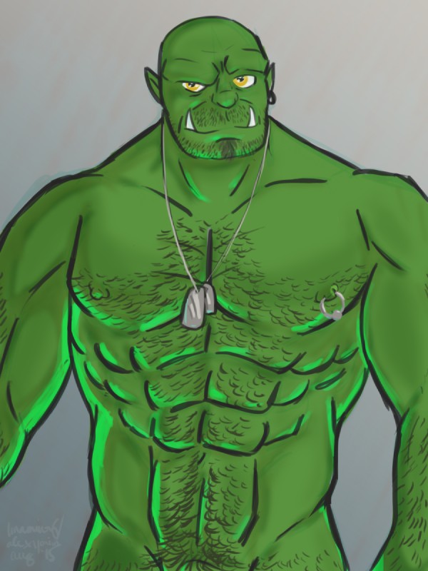 abs bald body_hair chest_hair dog_tags dreamworks_smirk ear_piercing facial_hair green_body green_skin happy_trail male muscular muscular_humanoid muscular_male nipple_piercing nipples not_furry nude pecs piercing smile smirk solo soul_patch stubble tusks yellow_eyes alexyorim humanoid orc 2015 3:4 hi_res