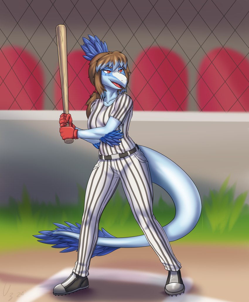 5_fingers anthro baseball_bat baseball_field baseball_uniform bat_(object) blue_body blue_feathers blue_hair blue_highlights blue_scales brown_hair claws clothing detailed_background elbow_feathers eyelashes feathered_tail feathers female finger_claws fingers freckles gloves hair handwear highlights_(coloring) long_hair long_tail open_mouth open_smile outside red_eyes scales smile snout solo sportswear tail tail_tuft tuft uniform prometheuzone cavemanon_studios i_wani_hug_that_gator jenine_(iwhtg) dinosaur dromaeosaurid feathered_dinosaur feathered_scalie prehistoric_species reptile scalie theropod velociraptor 2024 dated digital_drawing_(artwork) digital_media_(artwork) hi_res signature