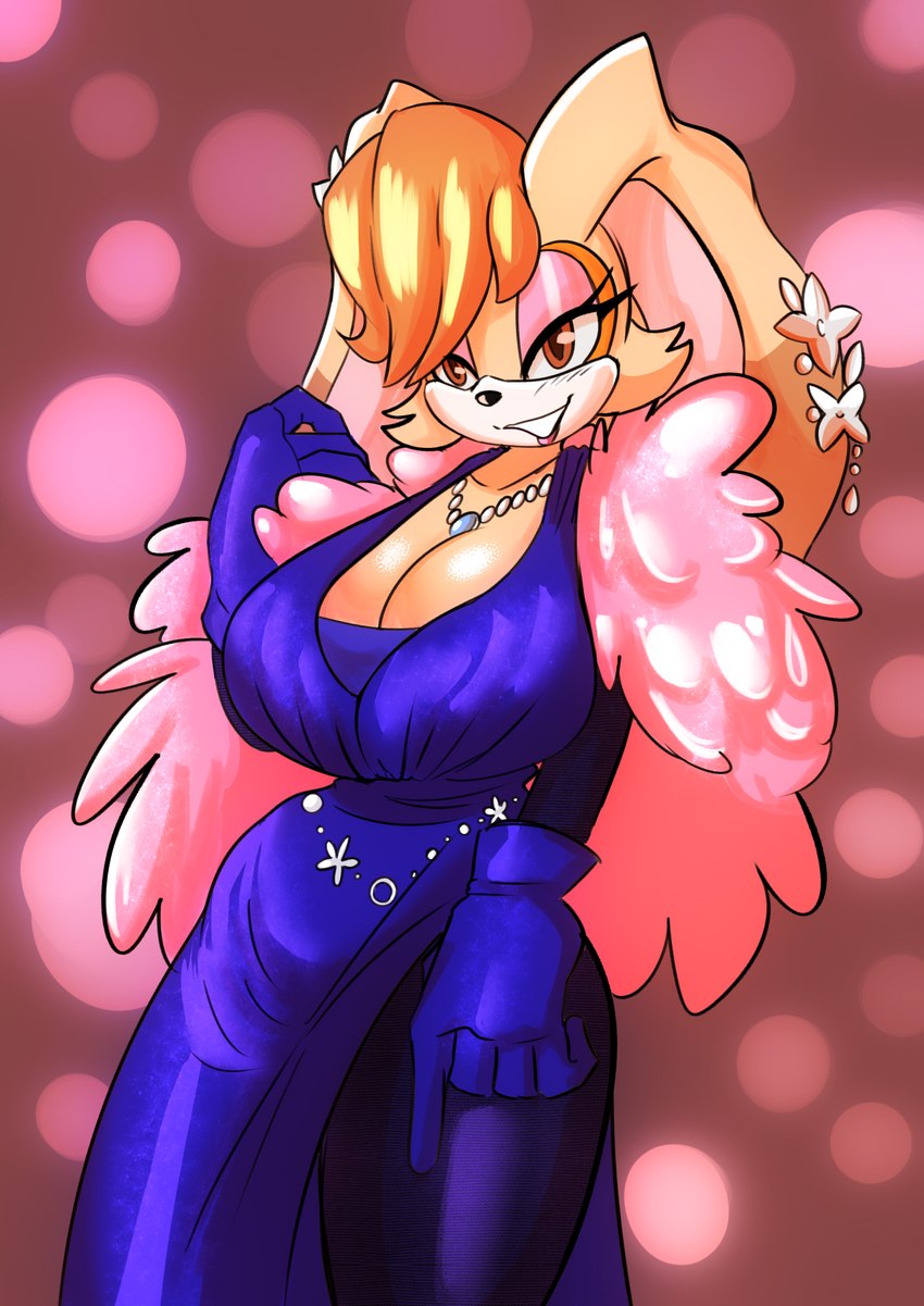 anthro big_breasts blush breasts cleavage clothed clothing dress feather_boa female gloves handwear jewelry looking_at_viewer necklace solo wide_hips solratic sega sonic_the_hedgehog_(series) vanilla_the_rabbit lagomorph leporid mammal rabbit hi_res