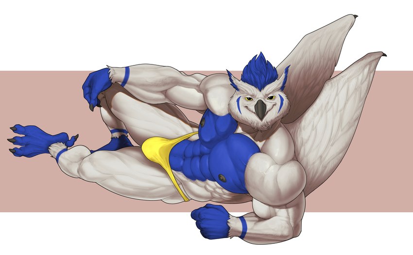 4_toes abs anthro arm_on_own_leg arm_tuft barefoot beak belly biceps big_biceps big_bulge big_deltoids big_muscles big_pecs black_beak black_claws black_nipples black_talons blue_arms blue_belly blue_body blue_chest blue_face blue_feathers blue_feet blue_fingers blue_hair blue_hands blue_legs blue_markings blue_stripes blue_toes bottomwear bulge cheek_tuft chin_tuft claws closed_smile clothed clothing dark_beak dark_claws dark_nipples dark_talons deltoids facial_markings facial_tuft feather_markings feather_tuft feathers feet fist forearm_muscles hair hand_on_knee hand_on_leg hand_on_own_knee hand_on_own_leg happy head_markings head_tuft huge_deltoids huge_muscles huge_pecs humanoid_hands hyper hyper_deltoids leg_tuft light_arms light_bottomwear light_face light_legs light_neck light_swimwear light_thong light_wings looking_at_viewer lying male male_anthro manly markings mouth_closed multicolored_body multicolored_feathers muscular muscular_anthro muscular_arms muscular_male muscular_thighs navel neck_muscles nipples obliques on_side pecs plantigrade pose quads serratus shadow side_view simple_background skimpy smile solo striped_arms striped_legs stripes swimwear tan_background thong thong_only toes topless topless_anthro topless_male trapezius triceps tuft two_tone_arms two_tone_body two_tone_face two_tone_feathers two_tone_legs underwear underwear_only white_arms white_background white_body white_face white_feathers white_legs white_neck white_wings wing_claws wings yellow_bottomwear yellow_clothing yellow_eyes yellow_swimwear yellow_thong yellow_underwear bristol sova avian bird owl 2022 absurd_res alternate_version_at_source colored digital_drawing_(artwork) digital_media_(artwork) full-length_portrait hi_res portrait shaded