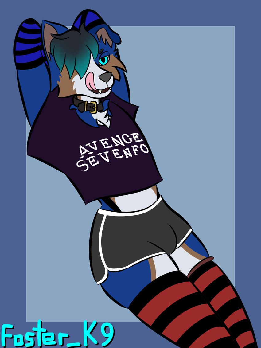 anthro armwear bottomwear bulge clothing collar crop_top dolphin_shorts femboy gesture hotpants legwear male shirt shorts solo suggestive suggestive_gesture thigh_highs tongue tongue_out topwear yaboyfoz! foster_the_dog_(yaboyfoz!) canid canine mammal 3:4 hi_res