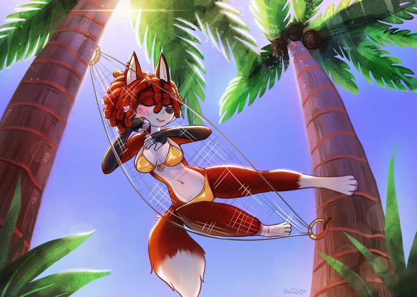 4_toes anthro beach bikini bikini_bottom bikini_top breasts clothed clothing eyes_closed feet female fingers fur hair hammock lying navel on_front outside palm_tree plant sleeping smile solo swimwear tail toes tree two-piece_swimsuit kastoluza canid canine fox mammal digital_media_(artwork)