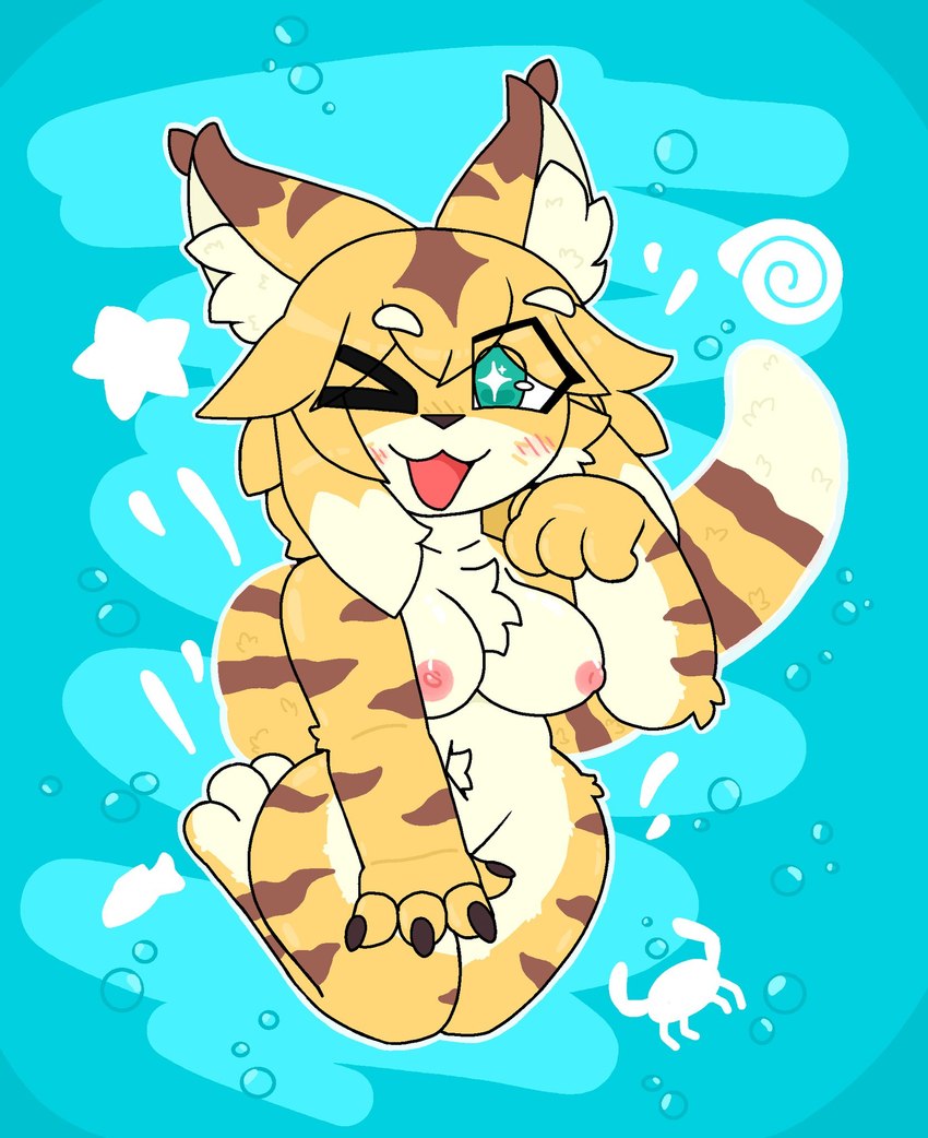 3_toes 4_fingers anthro areola big_breasts blue_background blush breasts brown_body brown_fur bubble chest_tuft claws covering covering_crotch dipstick_ears ear_markings eyebrow_through_hair eyebrows feet female finger_claws fingers fur green_eyes hair inner_ear_fluff multicolored_ears nipples one_eye_closed open_mouth pattern_background pupils simple_background solo star_(symbol) stripes thick_thighs toes translucent translucent_hair tuft unusual_pupils wide_hips wink yellow_body yellow_fur mlynx cygames world_flipper mia_(world_flipper) arthropod crab crustacean decapod felid fish malacostracan mammal marine pantherine tiger hi_res
