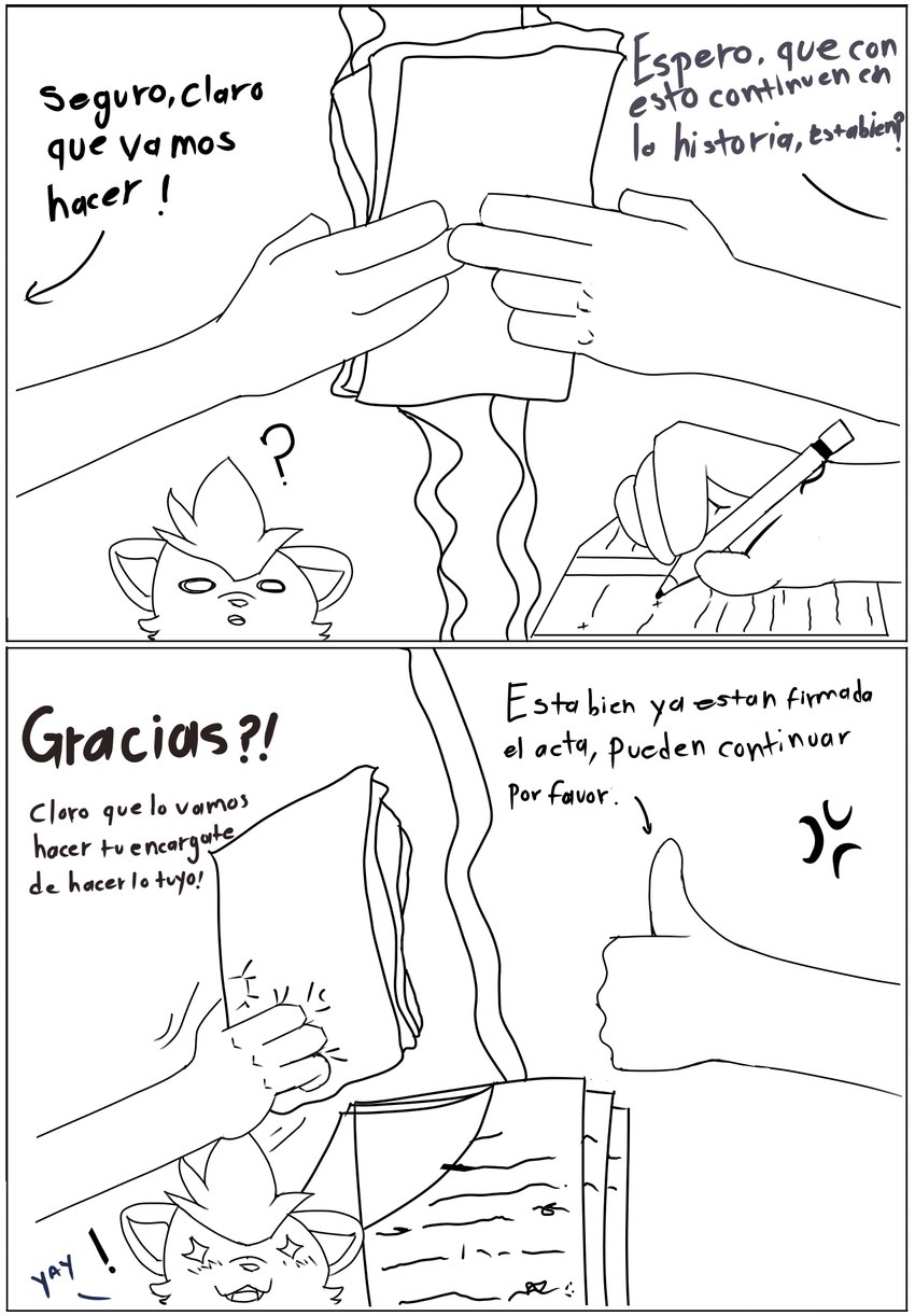 2_panel_comic 4_fingers 5_fingers agreement anthro big_eyes border breaking_the_fourth_wall character_signature cheek_tuft contract cross-popping_vein cute_fangs dialogue disembodied_hand document ears_back empty_eyes eyebrows facial_tuft fangs female female_anthro fingers front_view fur gesture group hair hand_gesture holding_contract holding_object holding_paper holding_pencil humor male male/female male_anthro mostly_offscreen_character open_mouth open_smile paper pencil_(object) pivoted_ears pointy_ears prick_ears question_mark signed_document signing signing_contract simple_background smile solo star_oculama tail teeth text thumbs_up toony trio tuft white_background white_border written_consent macamacrez akira_(macamacrez) faremertiuy_(oc) kaito_(macamacrez) bear canid canine domestic_cat felid feline felis hybrid mammal comic digital_drawing_(artwork) digital_media_(artwork) hi_res line_art spanish_text translated