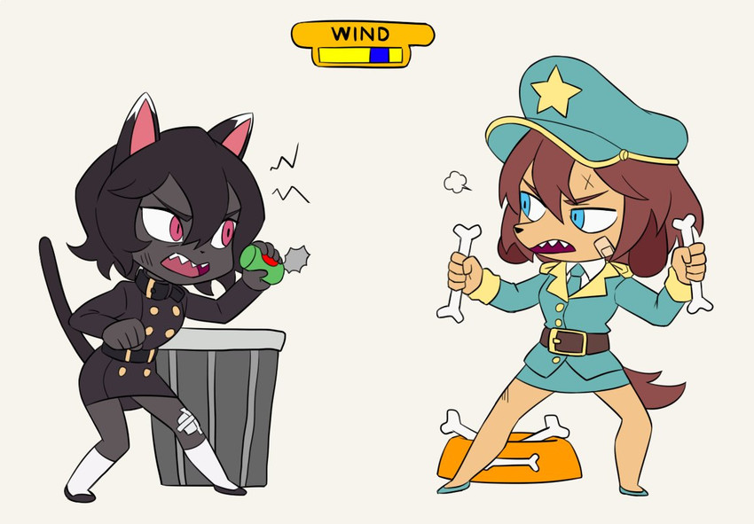 angry anthro blue_eyes bone chibi clothing duo female fighting_pose military_uniform pink_eyes pose simple_background trash uniform white_background flowerpigeon73 black_cat_(colo) misha_(colo) canid canine canis domestic_cat domestic_dog felid feline felis mammal 2020