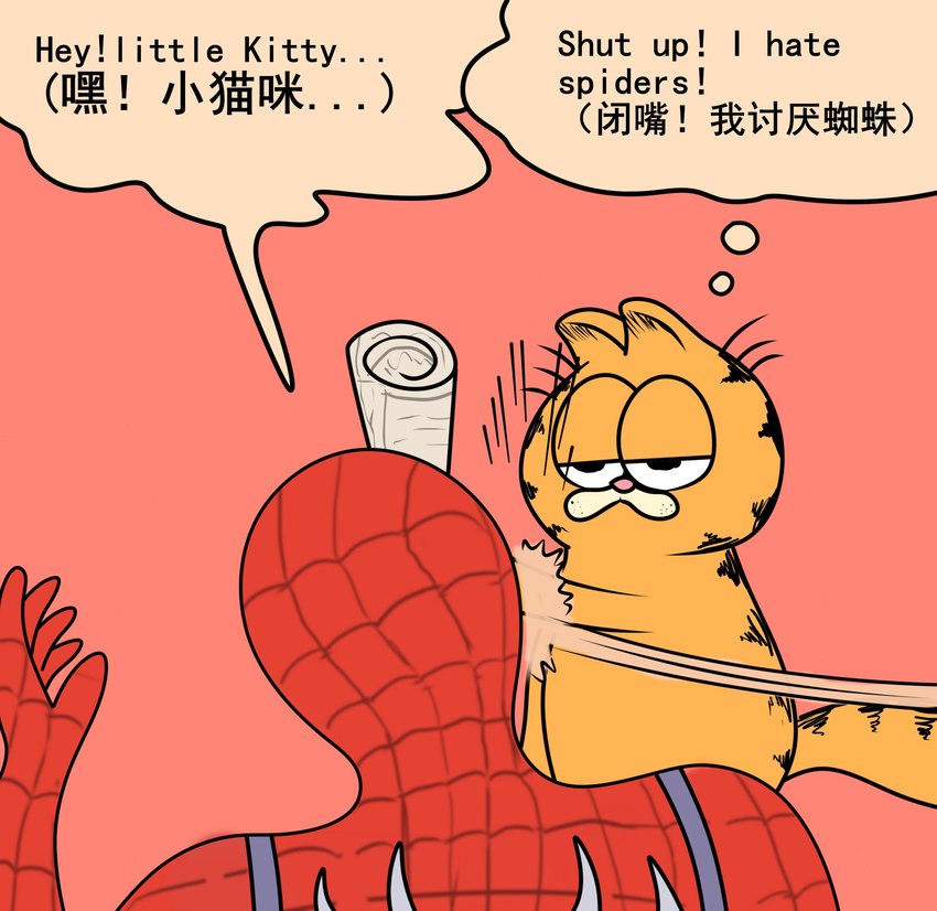 anthro big_eyes clothing costume duo exclamation_point eye_contact fur hitting humor looking_at_another male mask narrowed_eyes newspaper orange_body orange_fur rear_view red_costume simple_background superhero superhero_costume tail text pizzle batman_slapping_robin garfield_(series) marvel spider-man_(series) garfield_the_cat spider-man_(character) domestic_cat felid feline felis human mammal absurd_res crossover english_text hi_res japanese_text meme