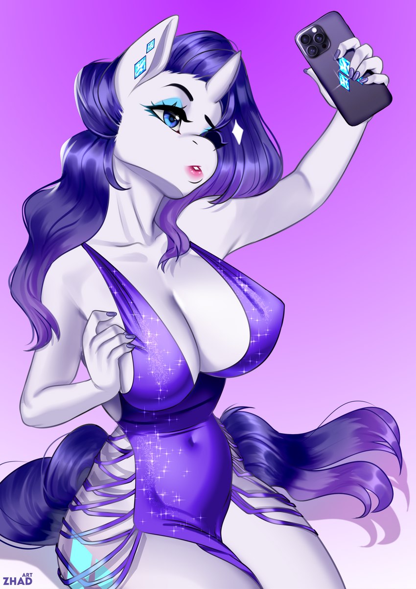 anthro anthrofied bedroom_eyes big_breasts blue_eyes breasts clothed clothing cocktail_dress cutie_mark diamond_(marking) dress evening_dress female hair horn huge_breasts jewelry legwear long_hair luxury markings narrowed_eyes pose purple_hair seductive selfie simple_background solo tail thick_thighs thigh_highs white_body wide_hipped_female wide_hips zhadart friendship_is_magic hasbro my_little_pony mythology lush rarity_(mlp) equid equine mammal mythological_creature mythological_equine unicorn absurd_res digital_media_(artwork) hi_res pinup