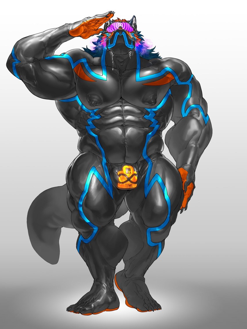 abs anthro biceps big_muscles bodily_fluids bulge drooling front_view gas_mask gesture hypnosis hypnotic_visor lock_bulge lock_symbol male mask mind_control muscular muscular_male muscular_sub nipples nose_tube pecs quads saliva salute simple_background solo standing submissive visor luke_c419 canid canine canis mammal wolf hi_res