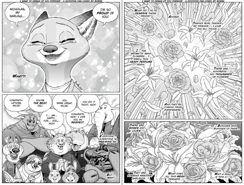 4_fingers abstract_background anthro bodily_fluids clothed clothing crossed_arms crying dialogue eyewear female fingers flower happy horn inner_ear_fluff lily_(flower) male mob_boss narration petals plant police police_uniform rose_(flower) screentone smile speech_bubble sunglasses tears text trunk tuft uniform borba disney zootopia benjamin_clawhauser bonnie_hopps chief_bogo finnick_(zootopia) flash_slothmore francine_pennington koslov_(zootopia) mr._big_(zootopia) mrs._wilde officer_higgins officer_wolfard stu_hopps arctic_shrew bovid bovine canid canine canis cape_buffalo cheetah common_hippopotamus elephant elephantid eulipotyphlan felid feline fennec_fox fox hippopotamid lagomorph leporid mammal pilosan proboscidean rabbit red_fox shrew sloth three-toed_sloth true_fox wolf xenarthran 2017 comic english_text greyscale monochrome