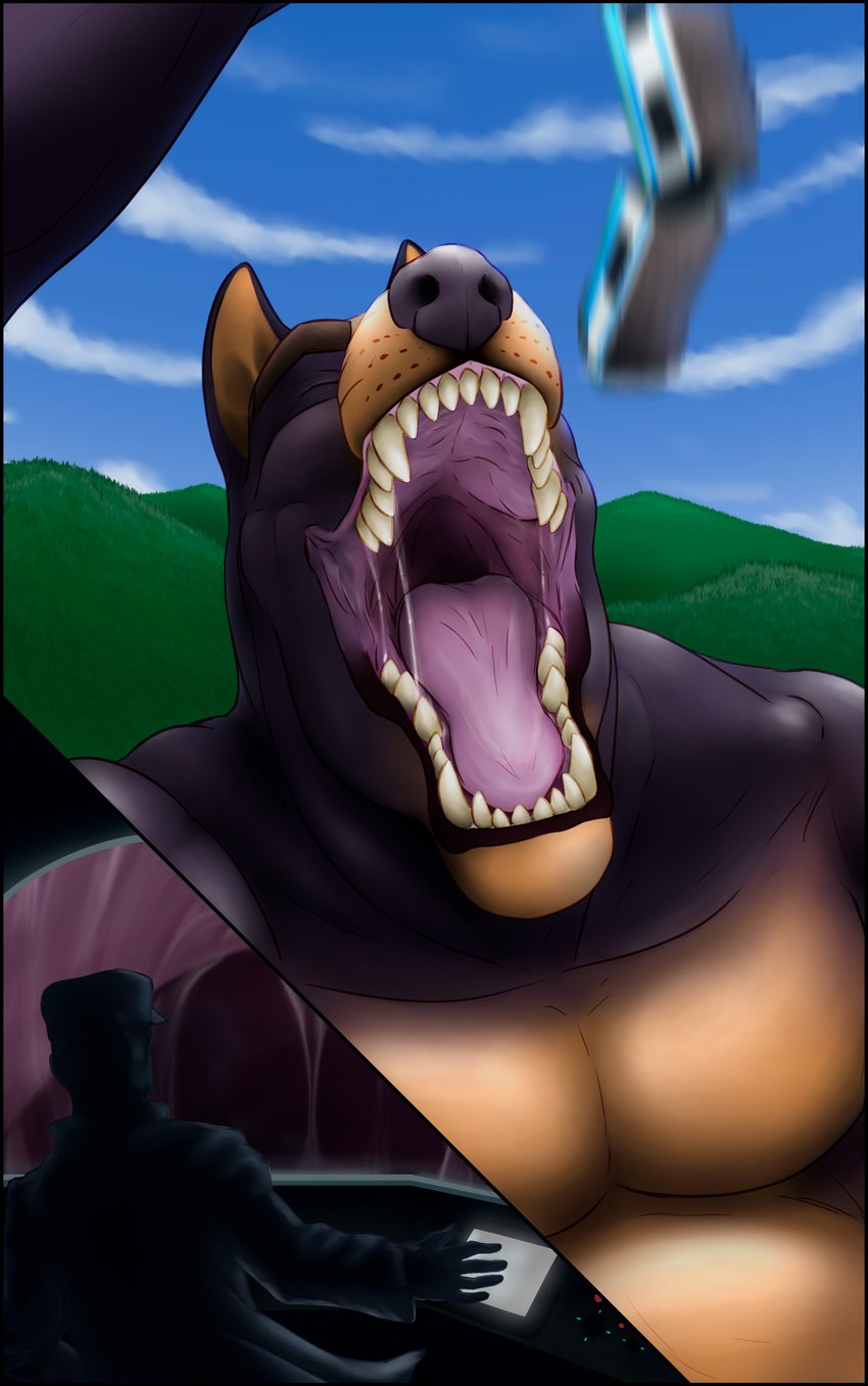 anthro anthro_pred belly black_border black_nose bodily_fluids border eyes_closed imminent_vore internal internal_oral macro male male_pred muscular muscular_male open_mouth overweight overweight_male saliva saliva_string simple_background size_difference solo train vehicle vore gfhs canid canine canis dobermann domestic_dog mammal pinscher absurd_res hi_res