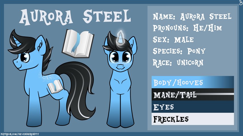 cutie_mark feral horn looking_at_viewer solo text sevenserenity hasbro my_little_pony mythology fan_character equid equine mammal mythological_creature mythological_equine unicorn 16:9 absurd_res english_text flat_colors hi_res model_sheet widescreen