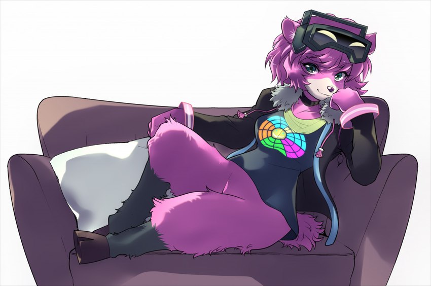 anthro bottomless clothed clothing electronics featureless_crotch female furniture green_eyes hair headphones hooves jacket purple_body sofa solo topwear visor dragonheart07 epic_games fortnite dj_bop alpaca camelid mammal