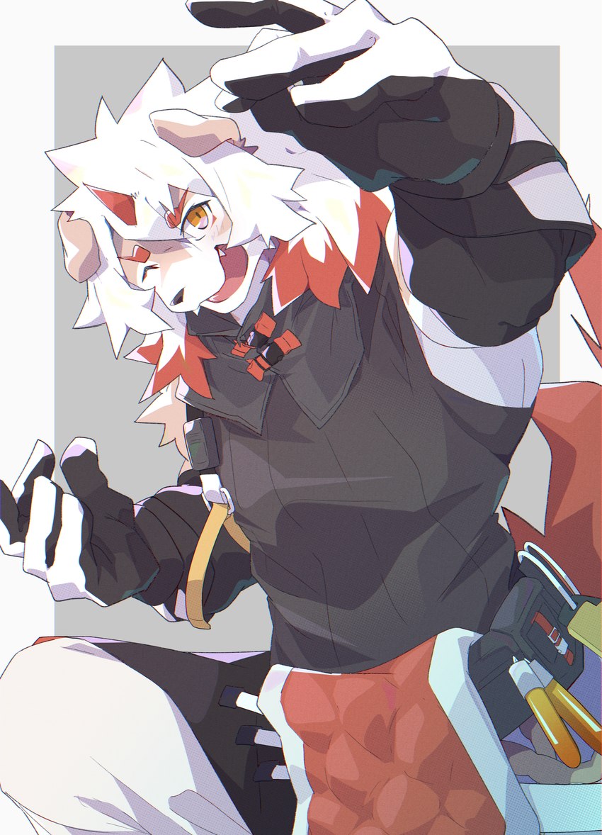 anthro clothed clothing fur gloves hair handwear horn looking_at_viewer male multicolored_body multicolored_fur multicolored_hair one_eye_closed solo tan_body tan_fur two_tone_body two_tone_fur two_tone_hair white_body white_fur white_hair sakehabera arknights hypergryph studio_montagne hung_(arknights) canid canine canis domestic_dog mammal absurd_res hi_res