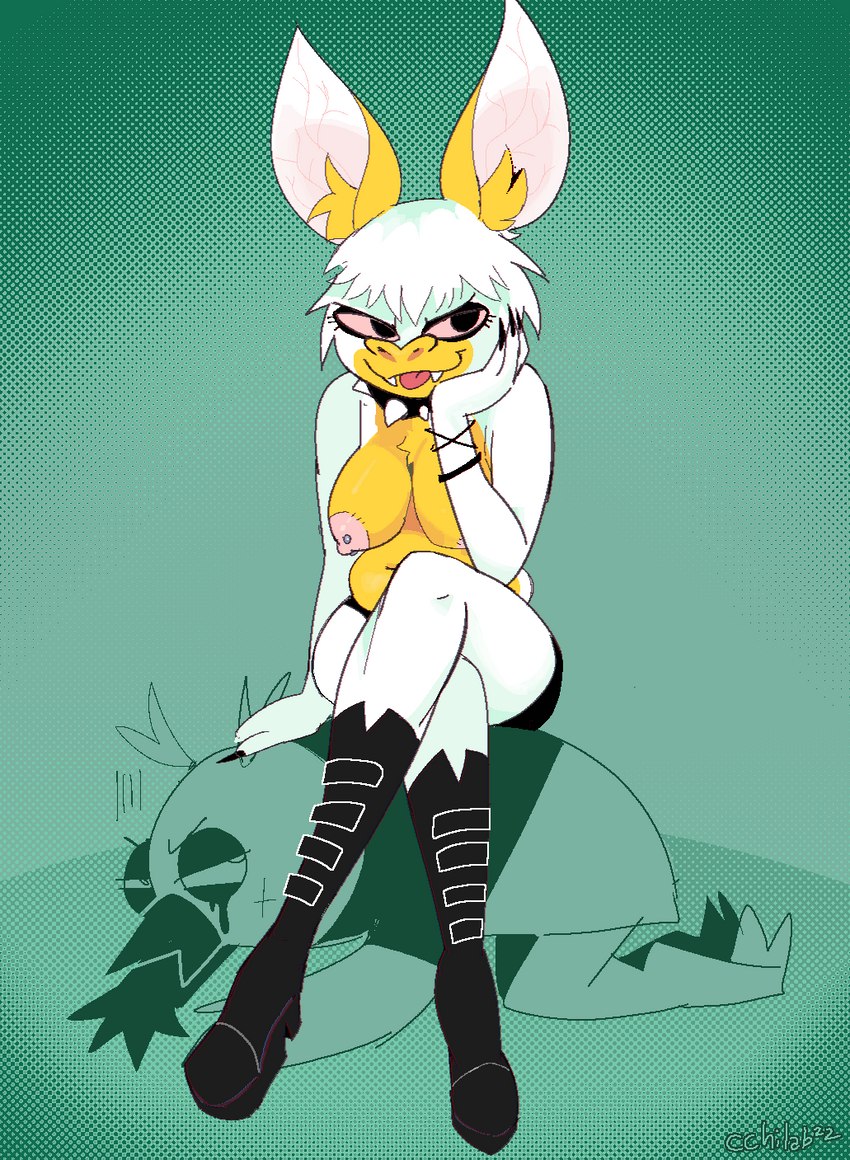 anthro blep boots breasts clothed clothing collar crossed_legs duo fangs female footwear front_view green_background nipple_piercing nipples piercing shoes simple_background sitting sitting_on_another solo_focus spiked_collar spikes teeth tongue tongue_out topless topless_anthro topless_female cchilab netflix tuca_and_bertie bertie_(tuca_and_bertie) muriel_nocturna avian bat bird mammal oscine passerine thrush_(bird) 2022 hi_res