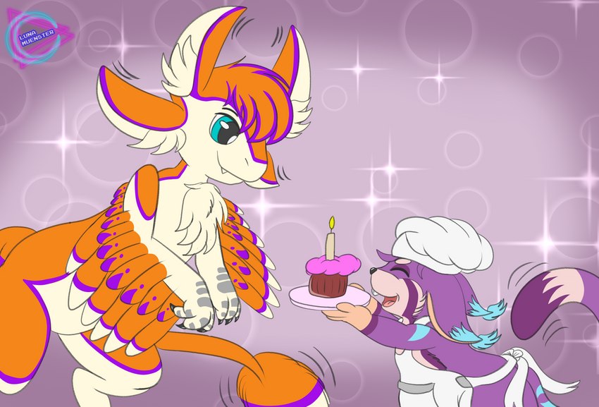 age_difference anthro birthday_cake birthday_gift cake chef chef_hat clothing cupcake dessert duo feather_hair feathered_wings feathers female food hat headgear headwear male predator/prey pseudo_hair size_difference winged_arms wings young young_anthro younger_female lunamuenster wildstar crescent_muenster_(character) nakur_talongrip ailurid avali avian chua dinosaur dromaeosaurid hybrid mammal prehistoric_species red_panda reptile scalie theropod absurd_res hi_res