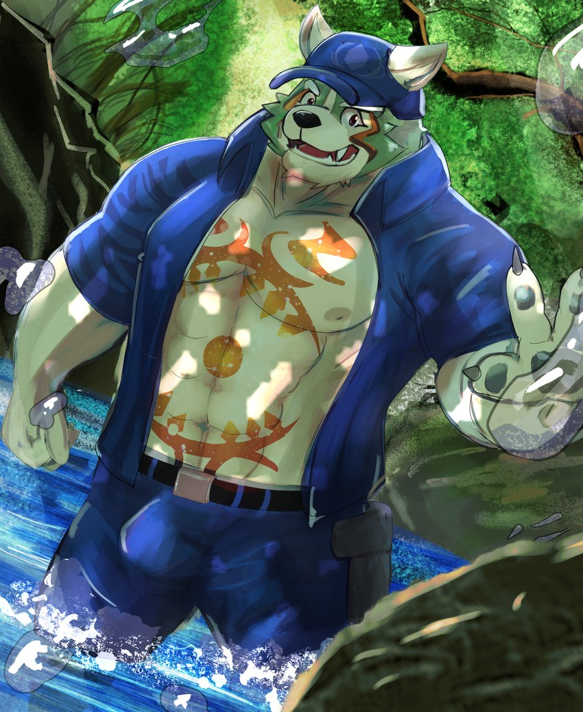 anthro bulge clothing male muscular muscular_anthro river solo underwear martuguma lifewonders tokyo_afterschool_summoners oguchi_magami_(tas) canid canine canis mammal wolf himbo absurd_res hi_res