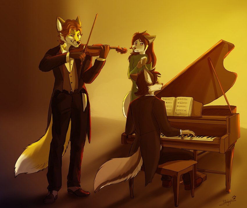 anthro book bowed_string_instrument chair clothing dress female footwear furniture gentleman group hair keyboard_instrument long_hair male musical_instrument piano shoes smile smirk string_instrument tail trio violin tatujapa edgar_vladilisitsa lira_(tatujapa) vin_(tatujapa) canid canine canis fox mammal wolf 2018 digital_media_(artwork)