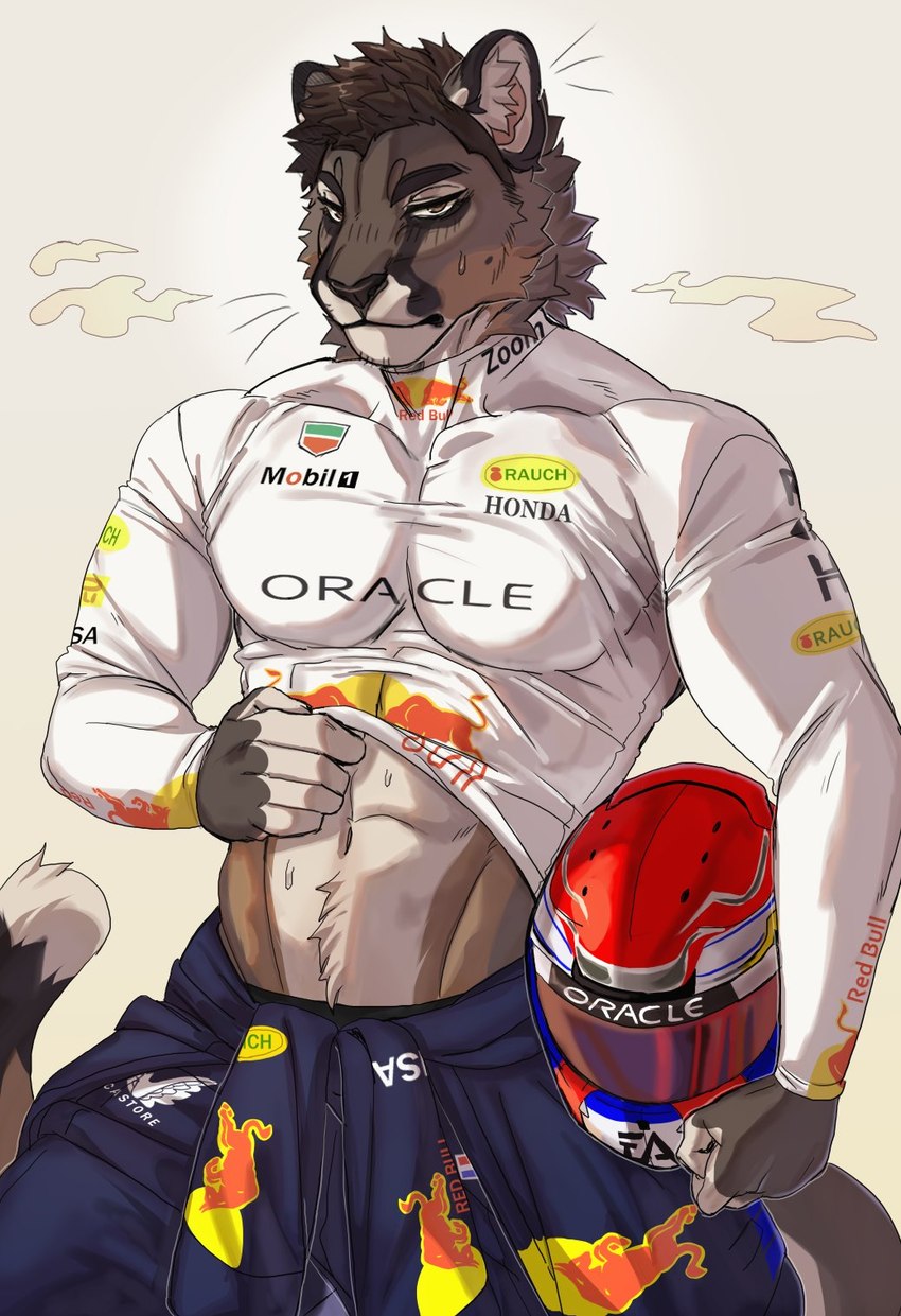 abs anthro belly_tuft bodily_fluids brown_eyes clothed clothing clothing_lift ear_tuft fur looking_at_viewer male multicolored_body multicolored_fur musk musk_clouds navel racing_helmet racing_uniform shirt shirt_lift solo sweat sweatdrop tail topwear tuft kasusei electronic_arts honda mobil_(brand) red_bull felid feline mammal hi_res